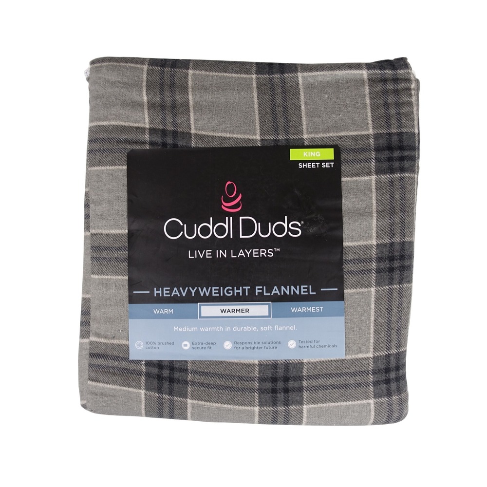 Cuddl Duds King Sheet Set Heavyweight Flannel Gray Plaid 100% Brushed Cotton NEW